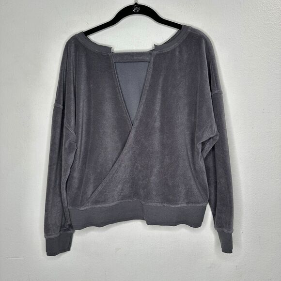Joy Lab Dark Gray Long Sleeve Crop Terrycloth Sweater Faux Wrap Open V-Back SM - Picture 7 of 16